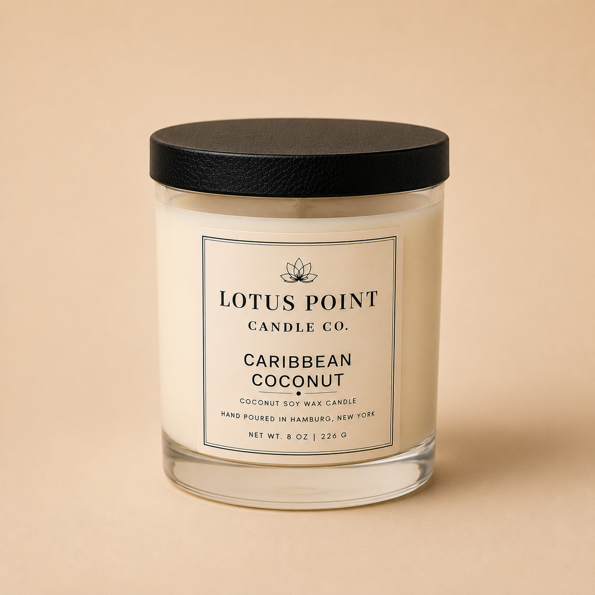 Lotus Point Caribbean Coconut coconut soy candle in clear glass jar
