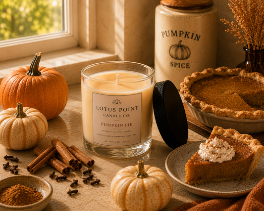 Pumpkin Pie candle surrounded by fragrance-inspired elements in a premium lifestyle setting