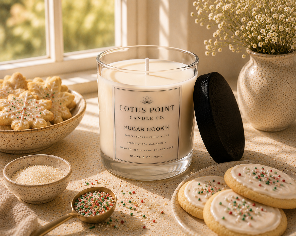Sugar Cookie candle surrounded by fragrance-inspired elements in a premium lifestyle setting