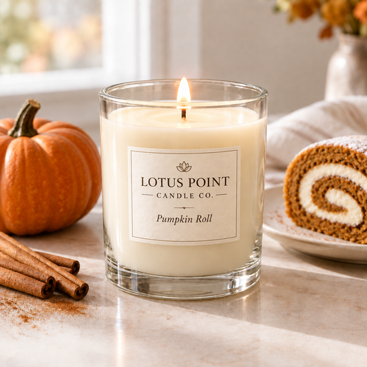 Pumpkin Roll candle with Lotus Point Candle Co label concept